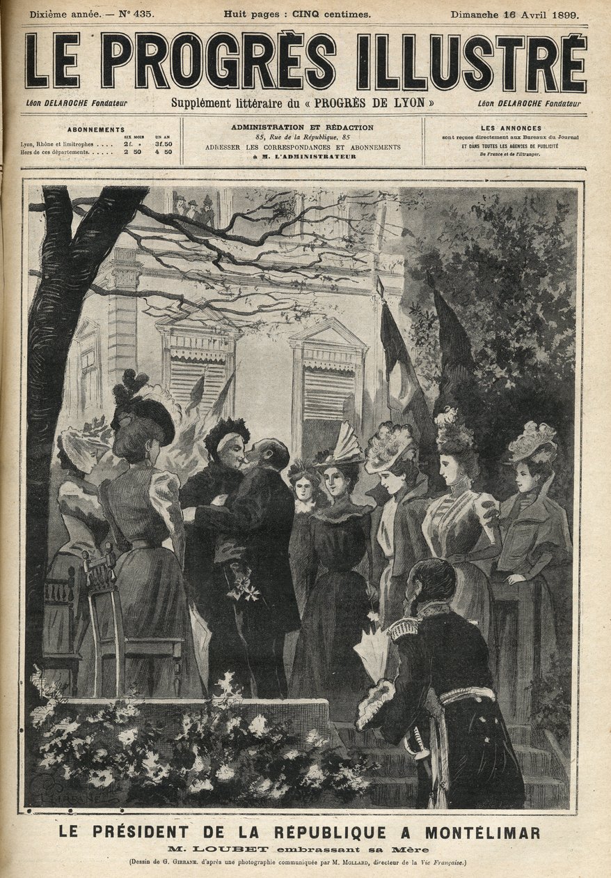 Cesta prezidenta republiky do Montelimaru (Drome, Francie): Emile Loubet (1838-1929) a jeho matka. Rytina v „The Ilustrious progress““ z dubna 1899. od Unknown artist
