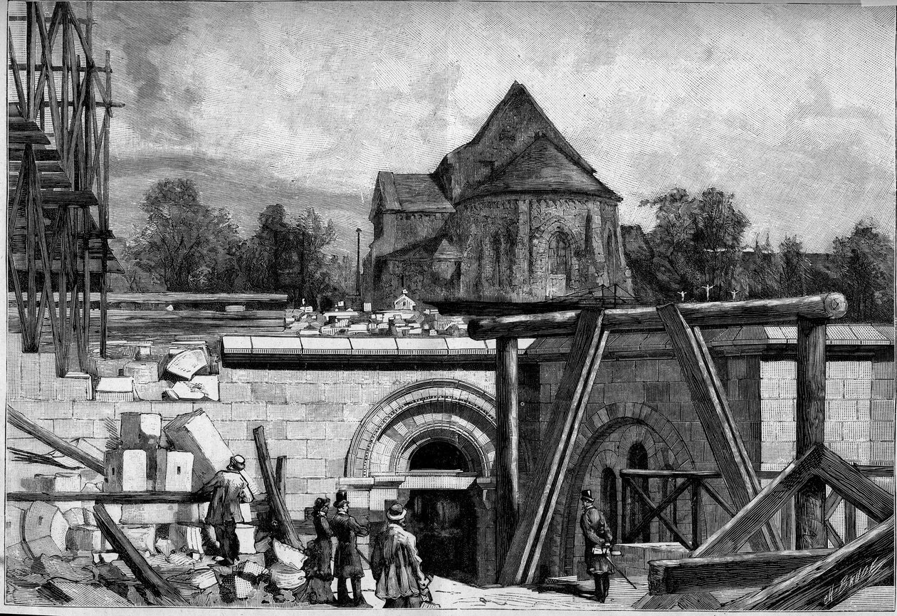 Podzemní stavby kostela Sacre Coeur na Montmartru: starý kostel. Gravírování v „“ Le Monde Illustré““ č. 1300 z 25. února od Unknown artist
