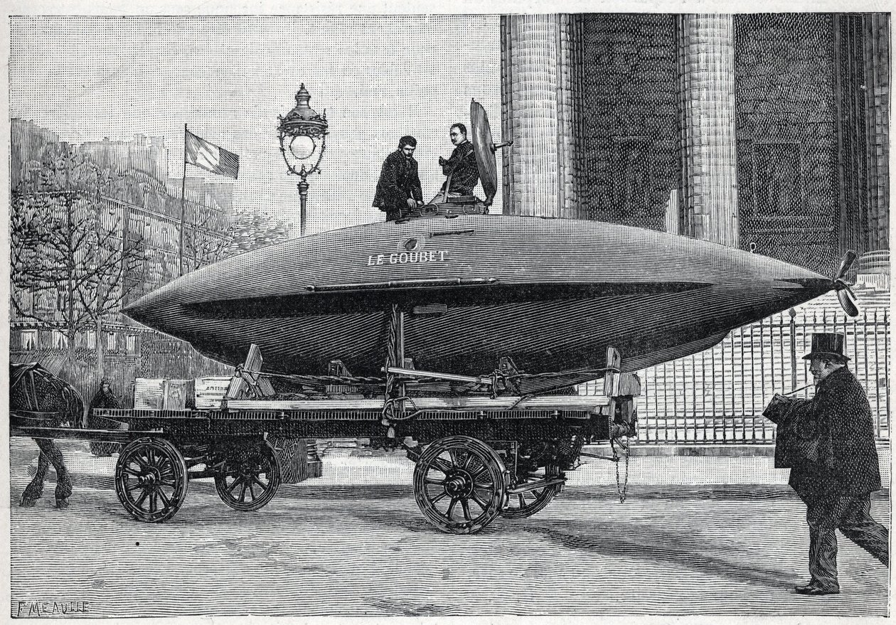Podvodní člun (ponorka) „“Le Goubet“, přepravující se na experimenty, míjí Place de la Madeleine v Paříži. Gravírování do ""La Nature"" od Unknown artist