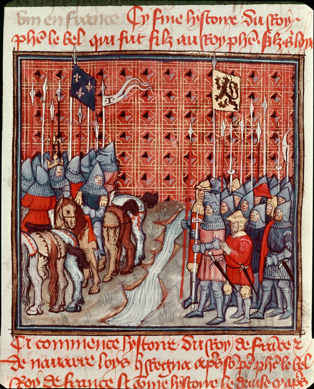 Zbraně Filipa IV. Bela (1268-1314) se na břehu řeky setkávají s nepřátelskou miniaturní armádou z „“ Les grandes Chronicles de France““ Chantilly ze 14. století, Musee Conde od Unknown artist