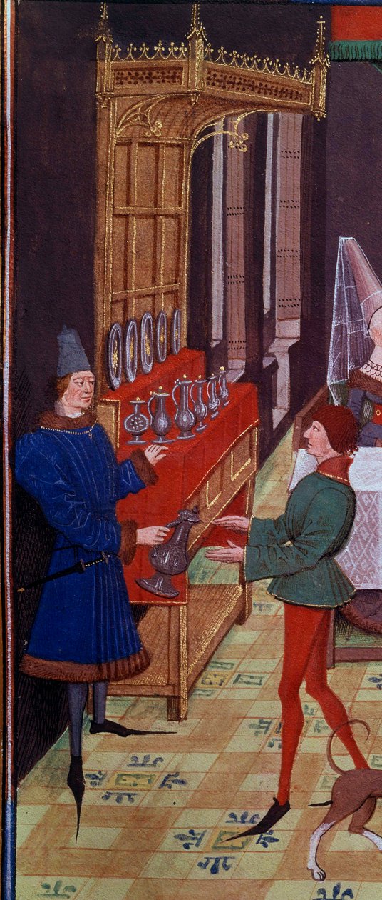 Svatební hostina Clarisse, dcery krále Yvona z Gaskoňska a Renauda Detaila zastupujícího služebnictvo přinášející víno. Miniatura z rukopisu „Renaud de Montauban“ nebo „Les quatre fils Aymon“ od Loyseta Liedeta (aktivní mezi 1448 a 1478). Slečna. od Unknown artist