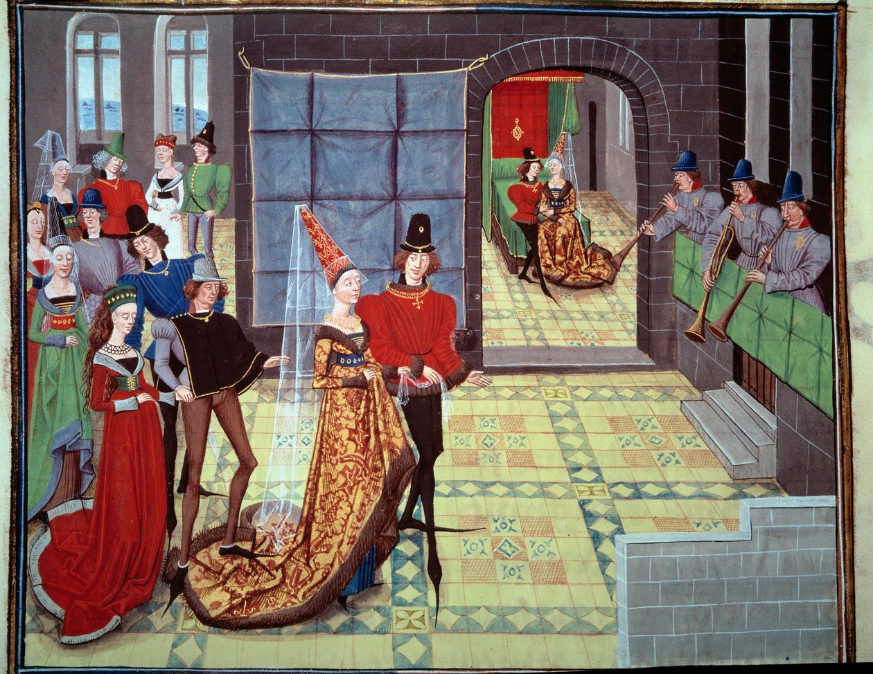 Svatba Renauda a Clarisse, v pozadí o svatební noci. Miniatura z rukopisu „Renaud de Montauban“ nebo „Les quatre fils Aymon“ od Loyseta Liedeta (aktivní mezi 1448 a 1478). Paní 5073. Bibliotheque de l
