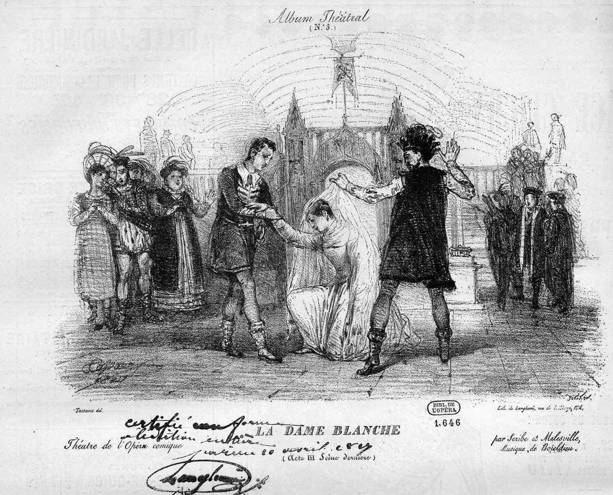 Bílá paní v původních kostýmech z roku 1825. Opera o třech jednáních Francoise Adriena Boieldieu (1775-1834). Gravírování v „“Le Monde Illustré““ od Unknown artist