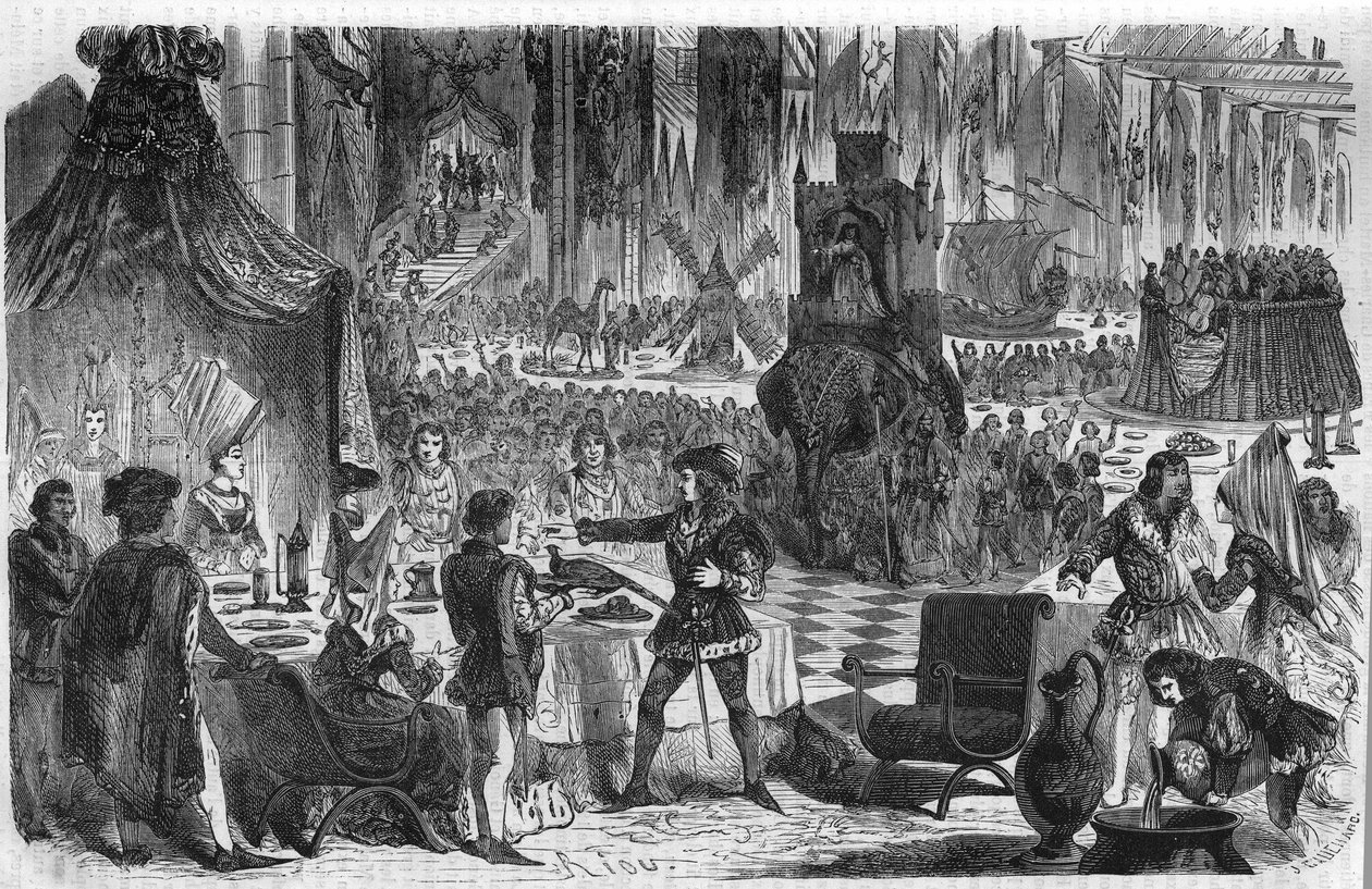 Přání bažanta. Philip III Le Bon, vévoda z Burgundska (1396-1467) se 17. února 1454 připojil k císaři Konstantinopole na banket v hotelu Salle de Lille. Rytina 19. století. od Unknown artist