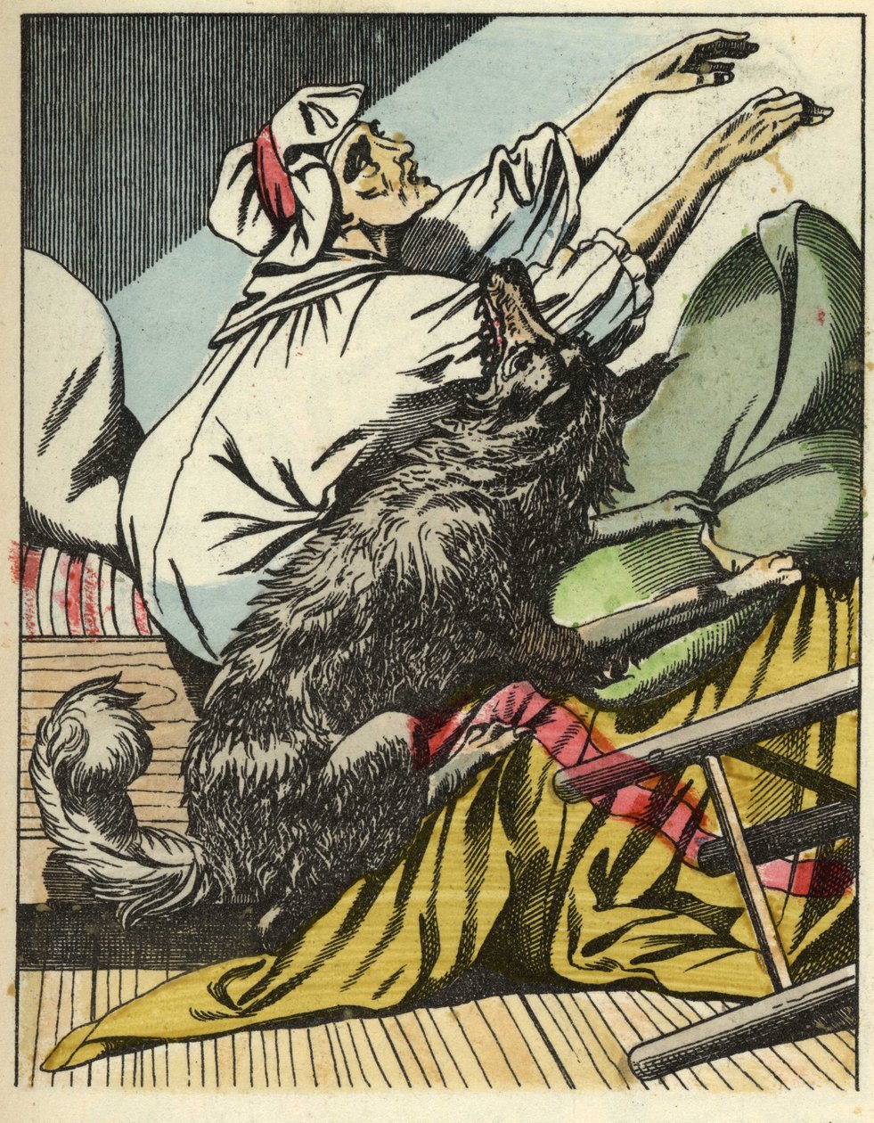Vlk bije babičku Červené Karkulky. Ilustrace pohádky „Červená karkulka“ od Charlese Perraulta od Unknown artist