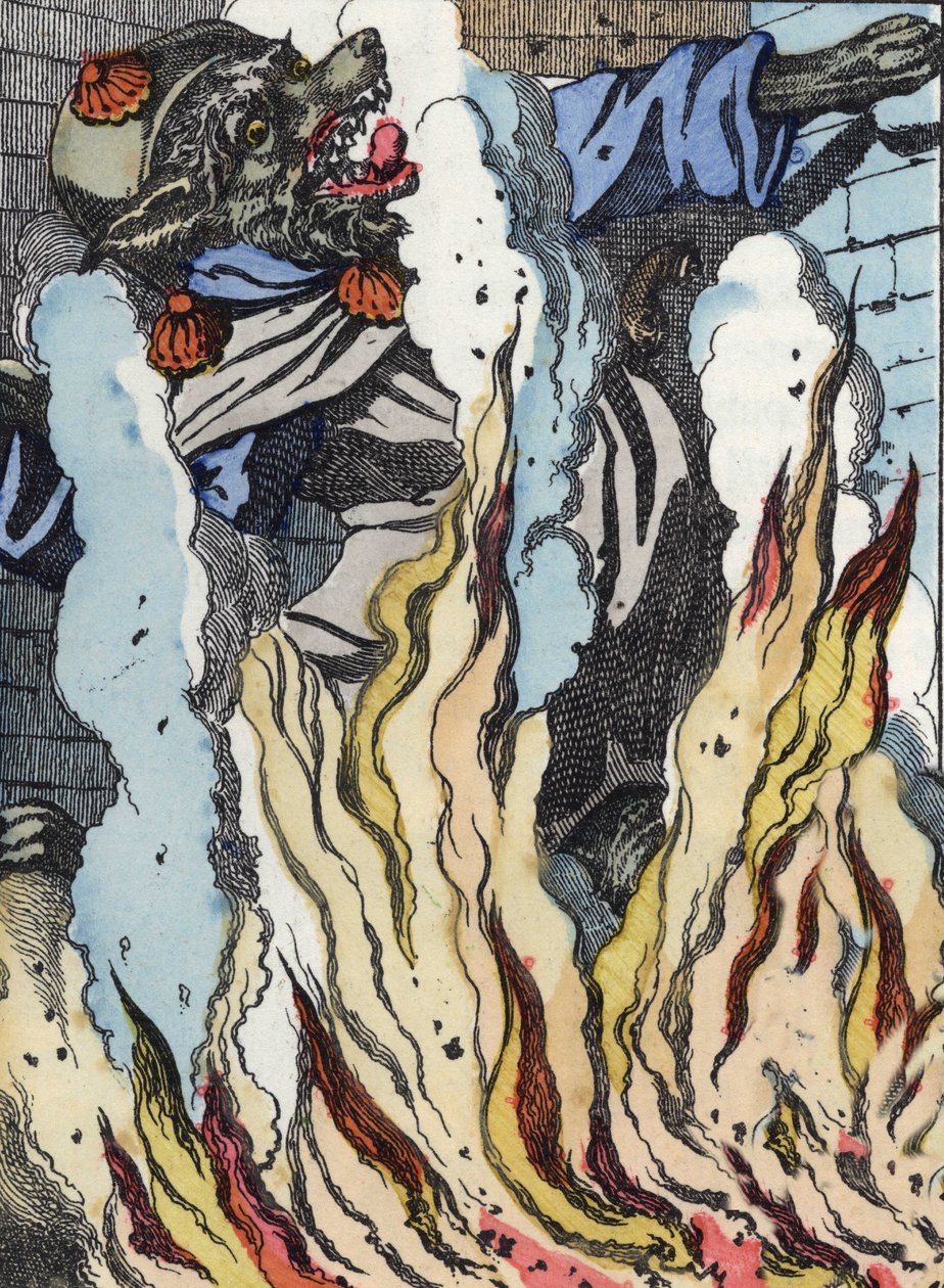 Vlk padá do ohně komína. Ilustrace příběhu „Compere le Loup, Maitre Renard, Comere la Chevre et ses petits biquets““ podle bajky Jean de la Fontaine. V „“ Pohádky z domova pro nejmenší““. Anonymní rytina tl od Unknown artist