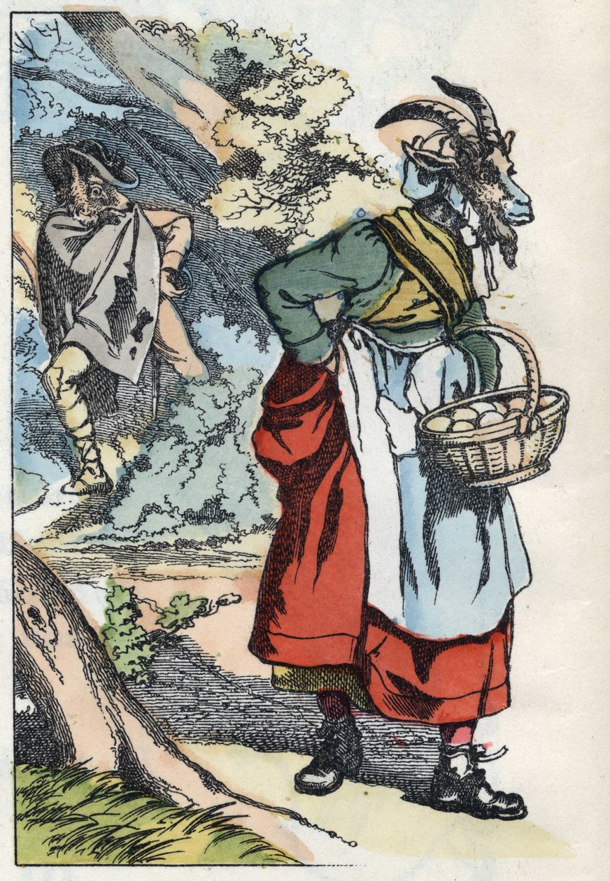 Vlk hledá kozu, která opouští svůj domov. Ilustrace příběhu „Compere le Loup, Maitre Renard, Comere la Chevre et ses petits biquets““ podle bajky Jean de la Fontaine. V „“ Pohádky z domova pro nejmenší““. Anonymní rytina od Unknown artist