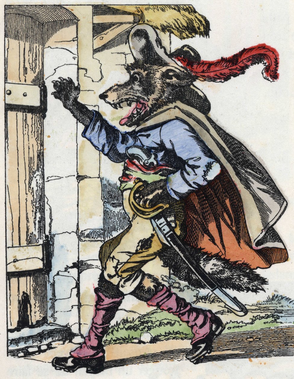 Vlk zaklepe na dveře biketovny. Ilustrace příběhu „Compere le Loup, Maitre Renard, Comere la Chevre et ses petits biquets““ podle bajky Jean de la Fontaine. V „“ Pohádky z domova pro nejmenší““. Anonymní rytina o od Unknown artist