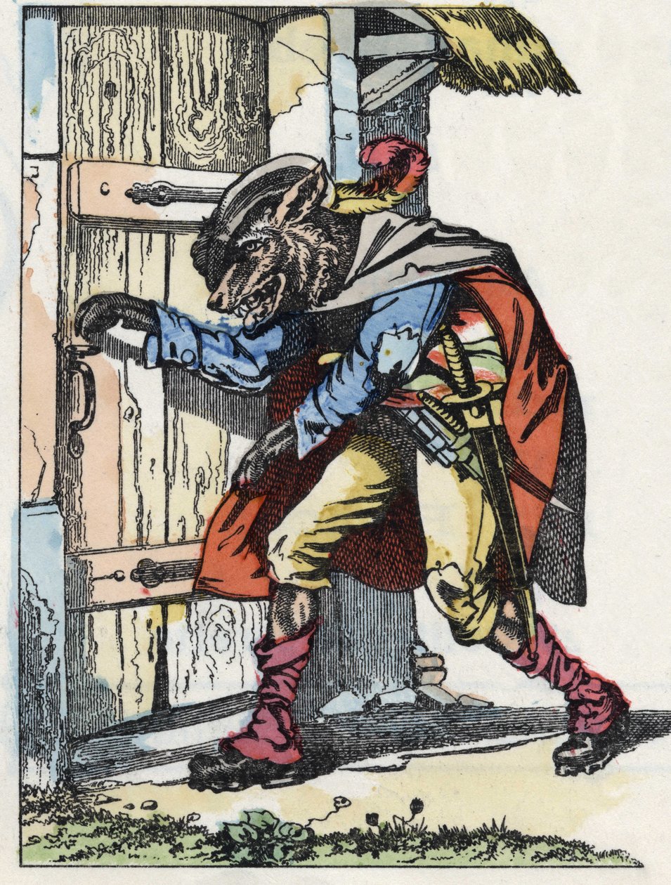 Vlk zaklepe na dveře biketovny. Ilustrace příběhu „Compere le Loup, Maitre Renard, Comere la Chevre et ses petits biquets““ podle bajky Jean de la Fontaine. V „“ Pohádky z domova pro nejmenší““. Anonymní rytina o od Unknown artist