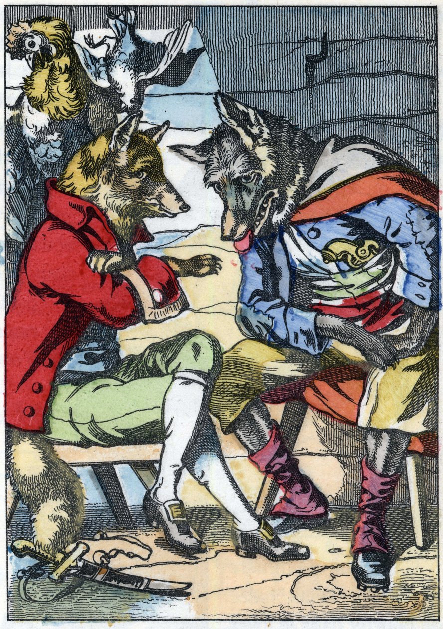 Vlk se znovu setkává s liškou. Ilustrace příběhu „Compere le Loup, Maitre Renard, Comere la Chevre et ses petits biquets““ podle bajky Jean de la Fontaine. V „“ Pohádky z domova pro nejmenší““. Anonymní rytina 19. století. od Unknown artist