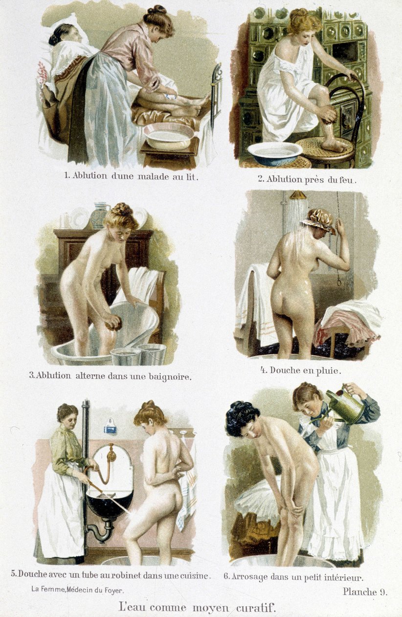 Žena, domácí lékař: voda jako léčebný prostředek. 1. Ošetření nemocného na lůžku, 2. Ošetření ohněm, 3. Ošetření střídavě ve vaně, 4. Dešťová sprcha, 5. Sprchový kout s vodovodní trubkou kuchyně, 6. Zalévání v malém interiéru - v „ Žena, domácí lékař““ od Unknown artist