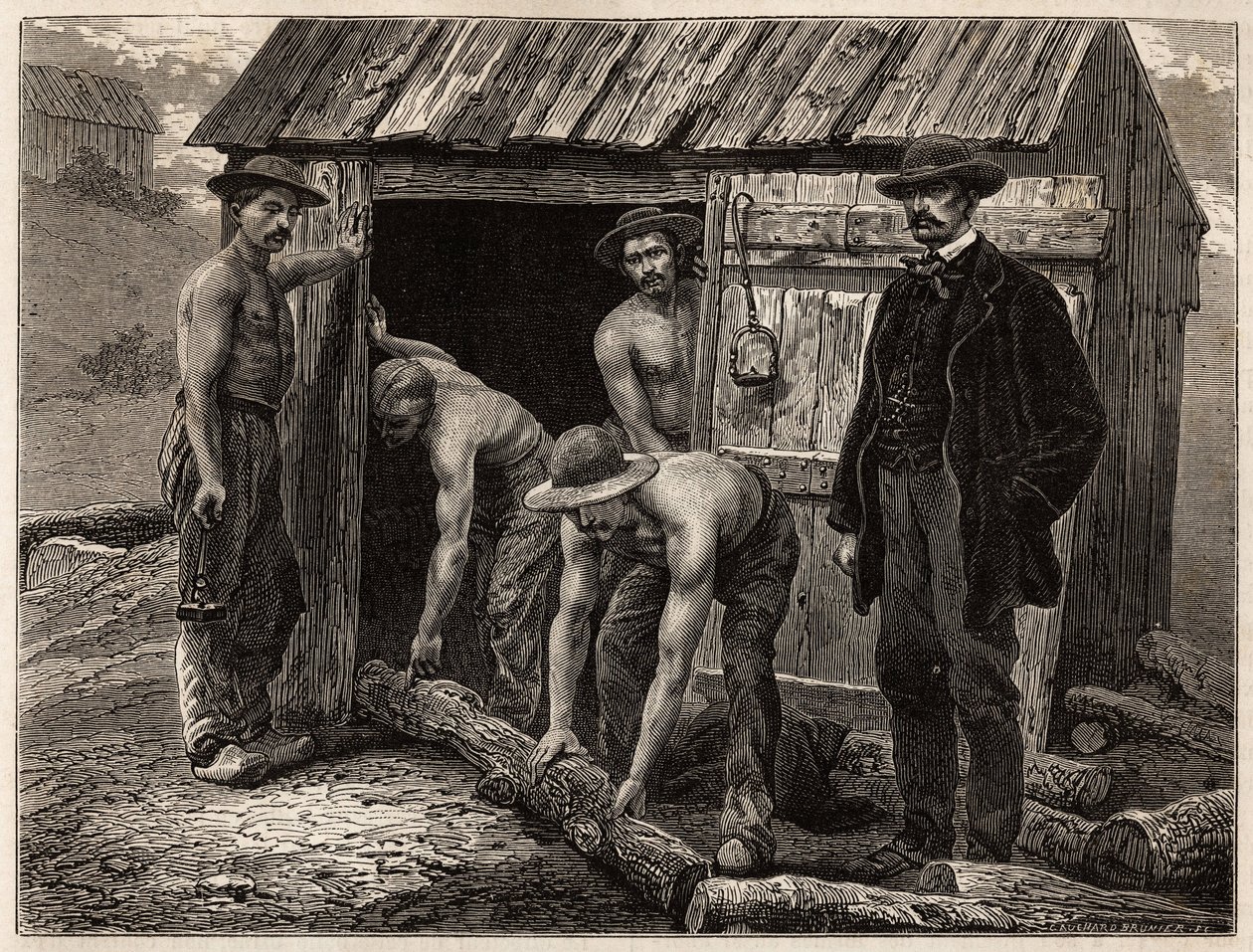 Dřevaři z dolu Montchanin je házeli do nakloněné studny; v kostýmu na manévry dohlíží hlavní inženýr dolu. Rytina pro ilustraci plavby na Creusot a doly Saone a Loire v roce 1865 od L. Simonina v „“ Le od Unknown artist
