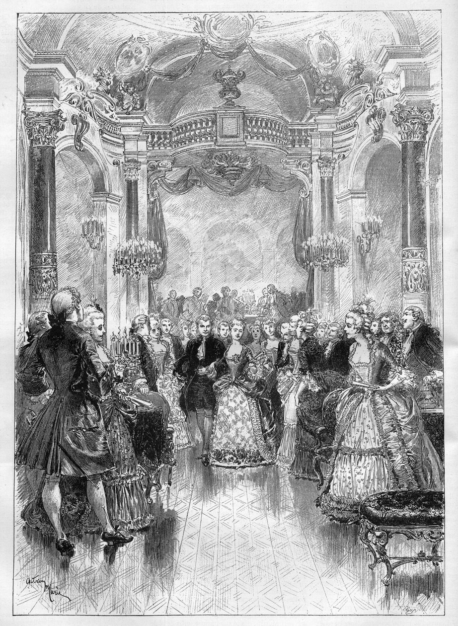 Divadlo: “”Manon””, komická opera Henri (Henry) Meilhac (1831-1897) a Philippe Gille (1831-1901) na hudbu Julese Masseneta (1842-1912) zastoupeného v Opeře Comique. Gravírování do „“The Illustrated World““ od Unknown artist