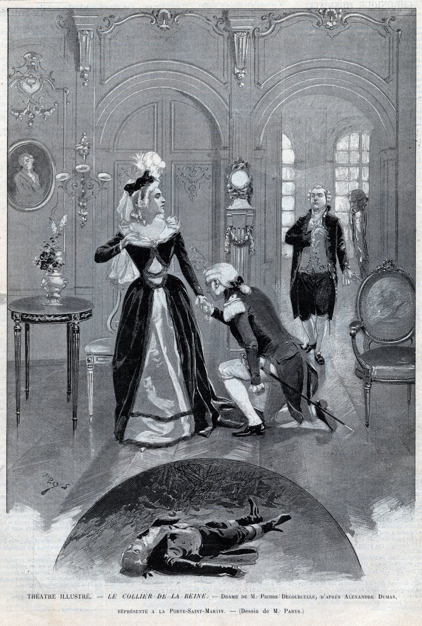 Proslulé divadlo - „Královnin náhrdelník““ (Aféra) drama Pierre Decourcelle od Alexandra Dumase pere – hra „Královnin náhrdelník“ o 5 jednáních a 13 obrazech, Paříž, 31. ledna 1895, Theater de la Porte Saint-Martin od Unknown artist
