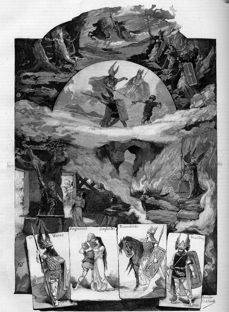 Divadelní kus „Die Walkure““ (Valkýra), drama Richarda Wagnera (1813-1883) představuje v Théâtre de la Monnaie v Bruselu. Gravírování v ""Ilustrativním světě"" od Unknown artist