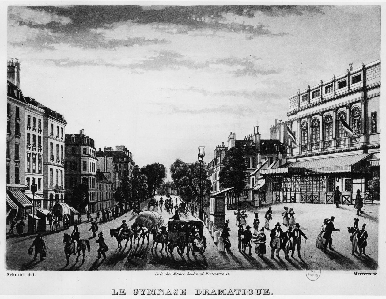 Divadlo: Dramatické gymnázium Boulevard Bonne Nouvelle - rytina od Unknown artist