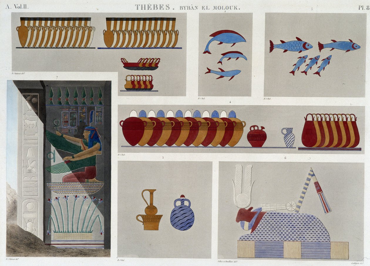 Théby: Bybân el Molouk. pl 87: Obrazy 5. hrobky králů na východě, 7. basreliéf od vchodu do téže hrobky v „“egyptských starožitnostech“, sd. 19. století od Unknown artist