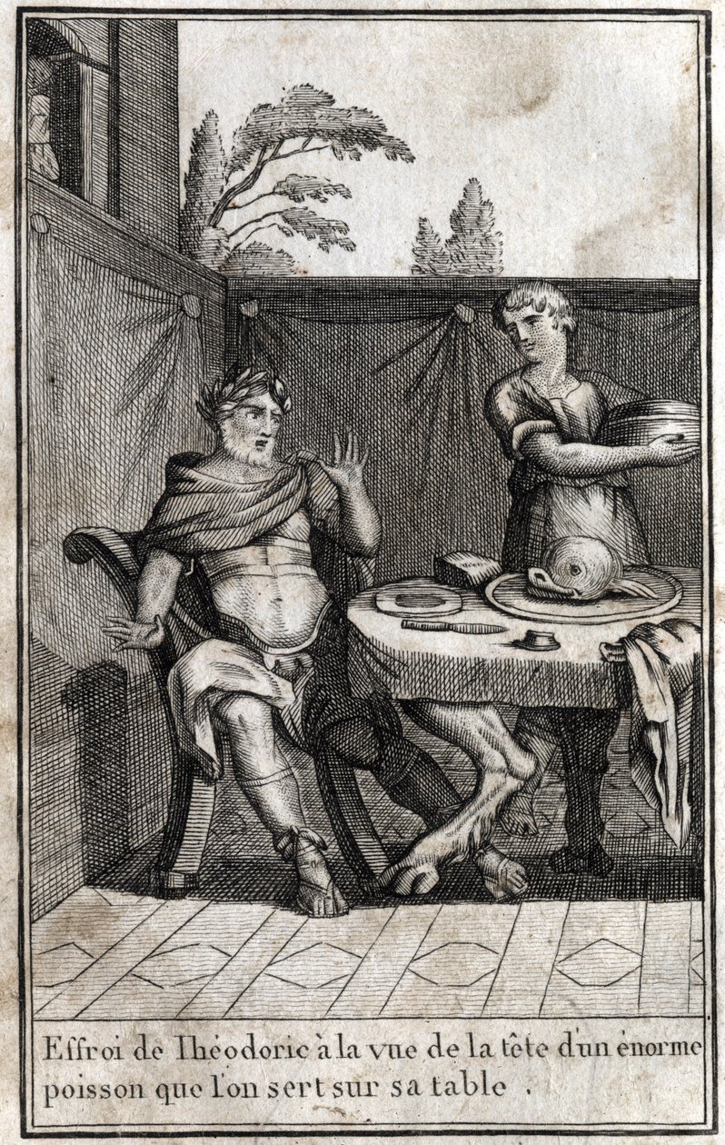 Theodorich Veliký (asi 454/455-526), král Gótů, je vyděšen při pohledu na hlavu obrovské ryby sloužící na jeho stole. Rytina v „Beaute de l