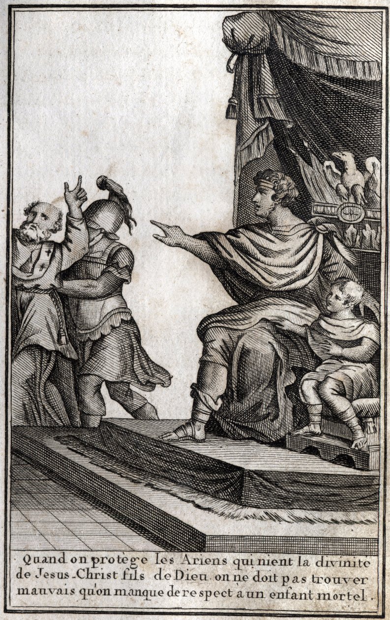 Theodosius I. (Flavius Theodosius) (347-395), římský císař, nechal zatknout Amphiloque, předchůdce Icone, za neúctu k jeho synovi Arcadiusovi (377-408). Eveque prohlašuje: „Když chráníme ariány, kteří popírají božství Ježíše Krista, syna Božího, musíme od Unknown artist