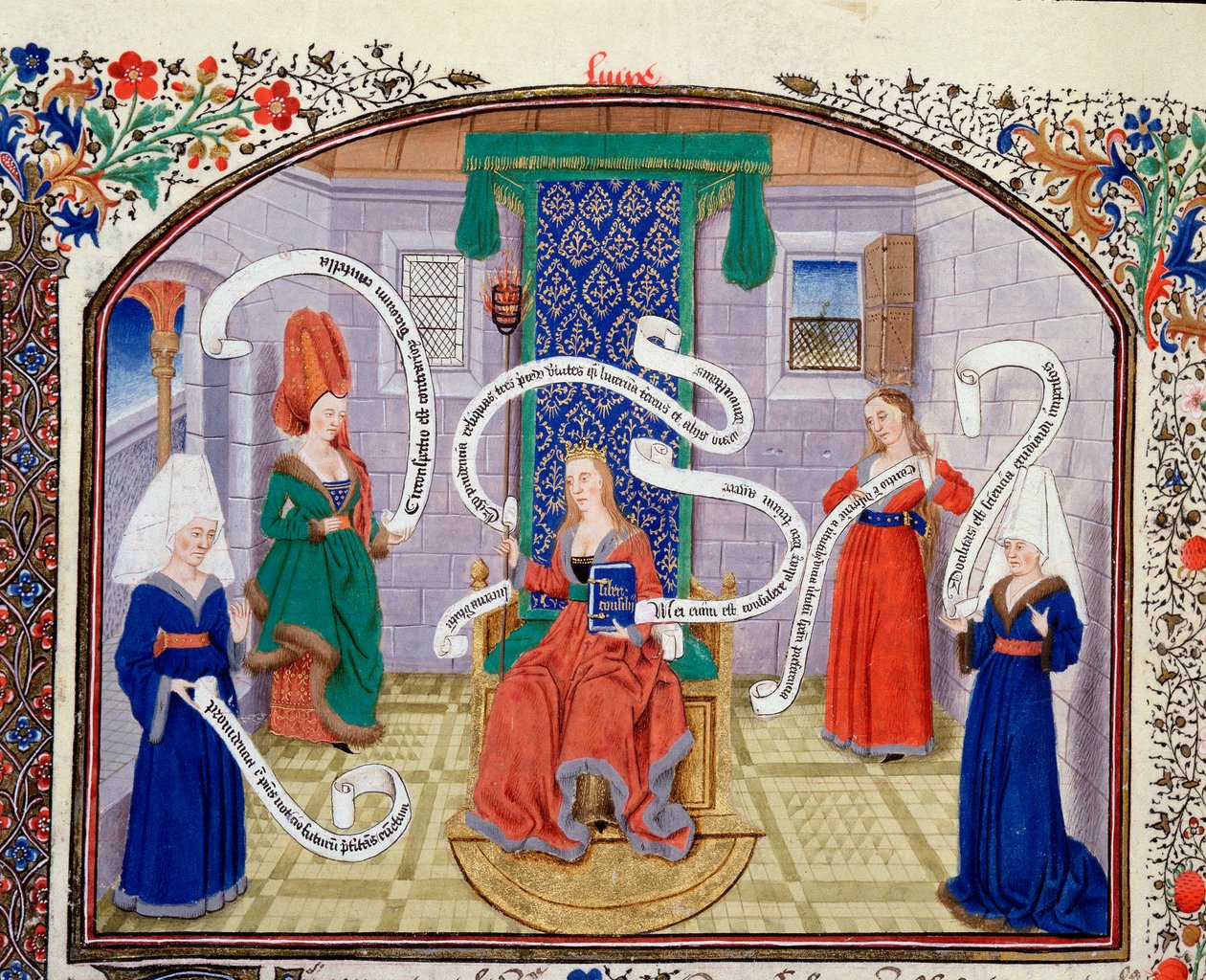 Teorie intelektuálních ctností. Texty jsou psány ve phylacteres. Miniatura z rukopisu (Ms 927 Fol.93v) „“ Komentář k politické a ekonomické etice““ řeckého filozofa Aristotela (383–322 př. n. l.) přeložil Nicolas Oresme (1325–1382) od Unknown artist