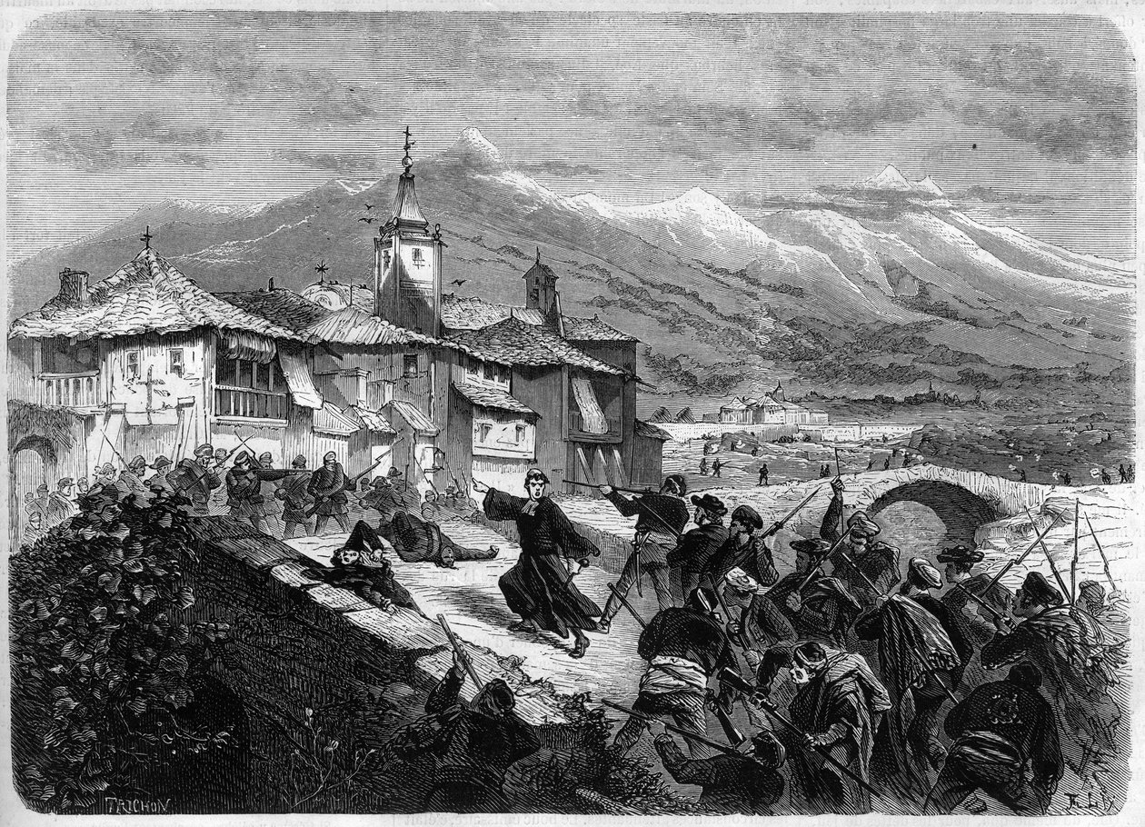 Třetí karlistická válka (1872-1876): Bitva mezi vládními vojsky a karlistickou kapelou v Navarře ve Španělsku. Gravírování v „“L
