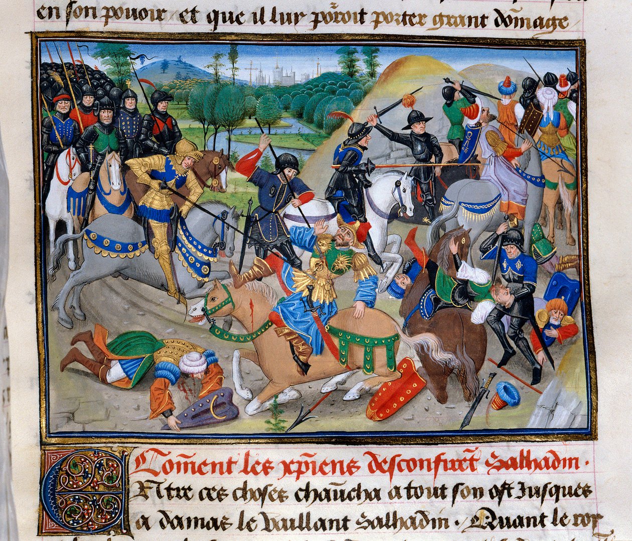 Třetí křížová výprava: „Jak křesťané potvrzují Saladin““ Saladin (1138-1193) (Salah al Din Yusuf al-Ayyubi (al Ayyubi) je poražen křížovými výpravami kolem roku 1191. Miniatura z „“ Chronicle abregee““ od Davida Auberta od Unknown artist
