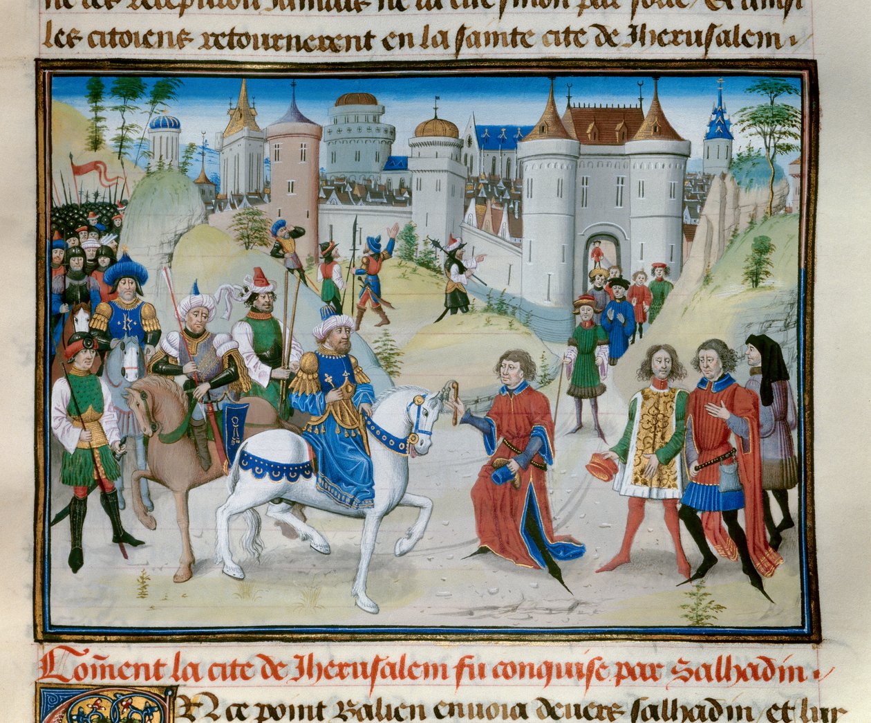 Třetí křížová výprava: dobytí Jeruzaléma sultánem Saladinem (1138-1193) (Salah al-Din Yusuf al-Ayyubi (al-Ayyubi) v roce 1187. Miniatura z „“ Chronicle abregee““ od Davida Auberta od Unknown artist