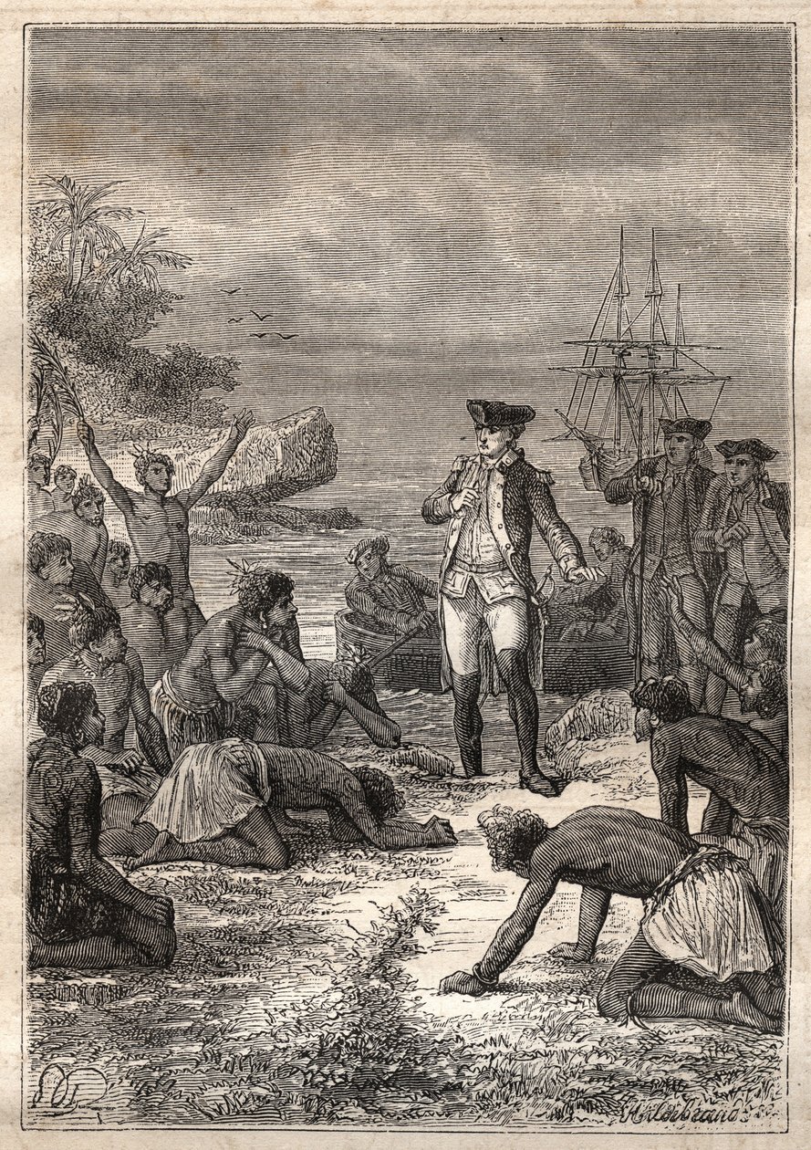 Třetí plavba (1776-1779) od kapitána Jamese Cooka (1728-1779): Cook je vítán domorodci (Havaj) - ilustrace převzata z „Velkých námořníků 18. století““ od Unknown artist