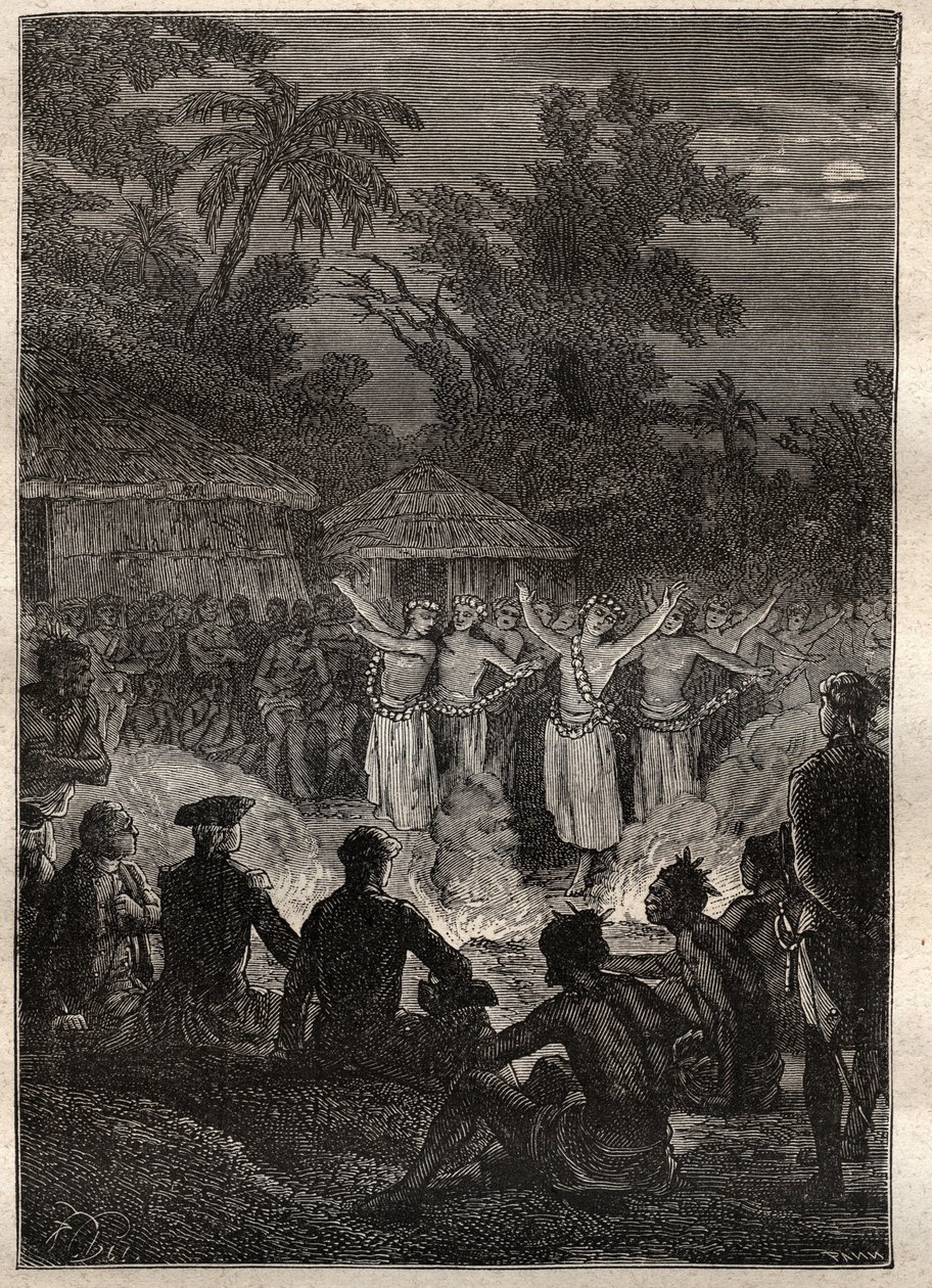 Třetí plavba (1776-1779) kapitána Jamese Cooka (1728-1779): hostina na ostrovech přátel (Království Tonga, Polynésie) - ilustrace převzata z „Velkých námořníků 18. století““ od Unknown artist