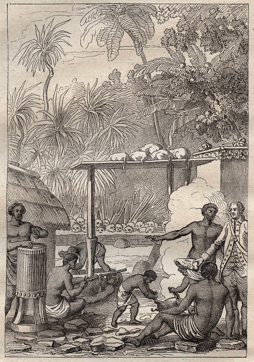 Třetí plavba (1776-1779) kapitána Jamese Cooka (1728-1779): lidská oběť na Tahiti - ilustrace převzata z „Velkých námořníků 18. století““ od Unknown artist