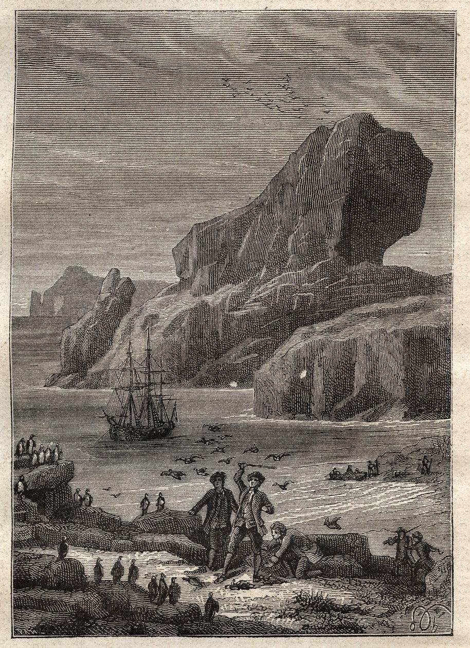 Třetí plavba (1776-1779) kapitána Jamese Cooka (1728-1779): ostrovy Kerguelen (souostroví Kerguelen, Antarktida) - ilustrace převzata z „“ The Great Mariners of the 18th century““ od Unknown artist