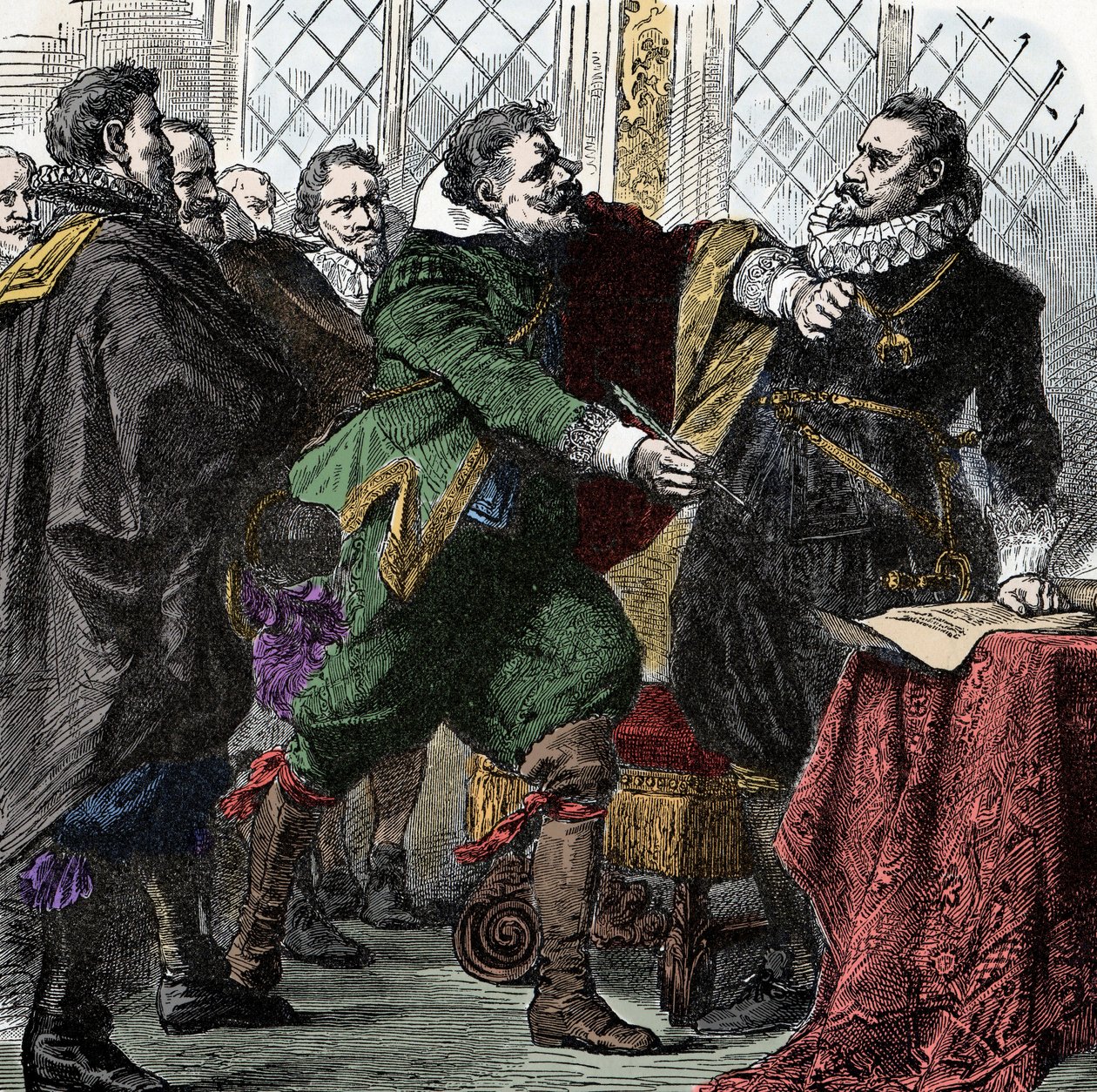 Třicetiletá válka: Podepiš to, Nandele! - Třicetiletá válka (1618-1648): Hrabě Paul Jakob von Starhemberg (1560-1635) žádá císaře Ferdinanda II. (1578-1637), aby podepsal dohodu o obnovení míru v Boheme od Unknown artist