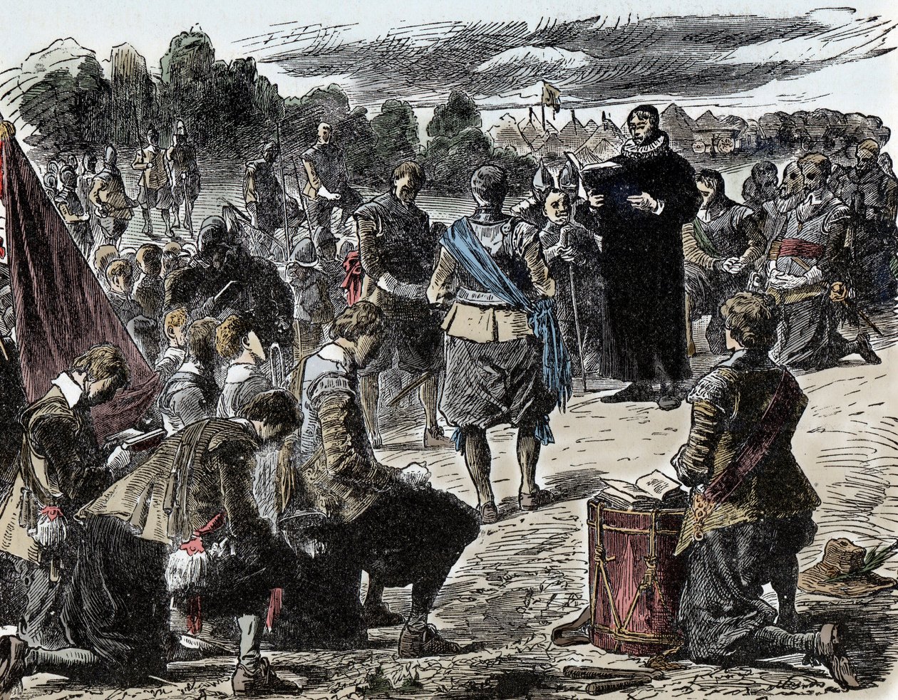 Třicetiletá válka: Švédové při modlitbě před bitvou u Luetzenu – Třicetiletá válka (1618-1648): Švédský král Gustav II Adolf (1594-1632) a jeho vojáci se shromáždili na náboženské oslavě před bitvou u Lutzenu (1632) od Unknown artist
