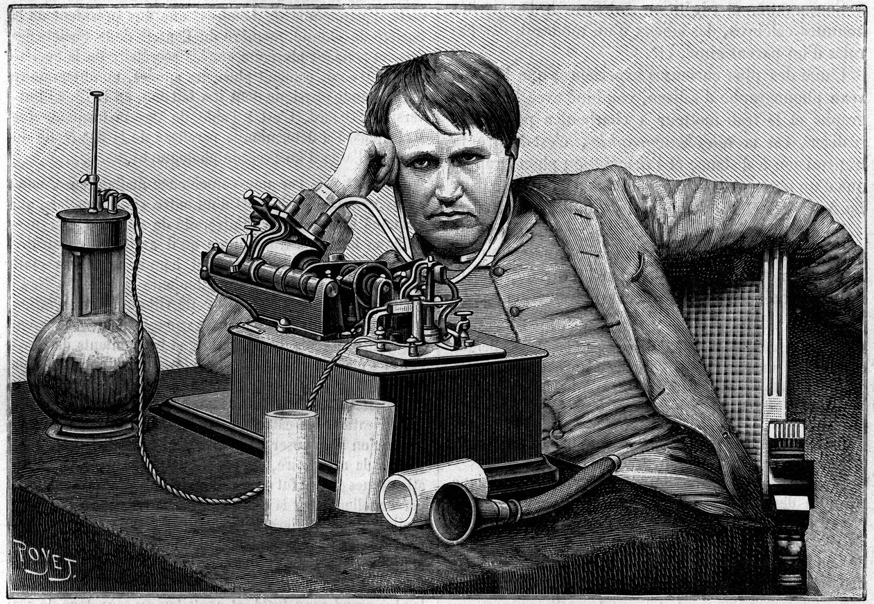 Thomas Edison (1847-1931), americký fyzik, v New Yorku slyšel první „fonogram“ zaslaný z Anglie. (Z fotografie, kterou „La Nature“ sdělil plukovník Gouraud). Gravírování v „“ La Nature: revue des sciences et de leurs applications aux arts od Unknown artist