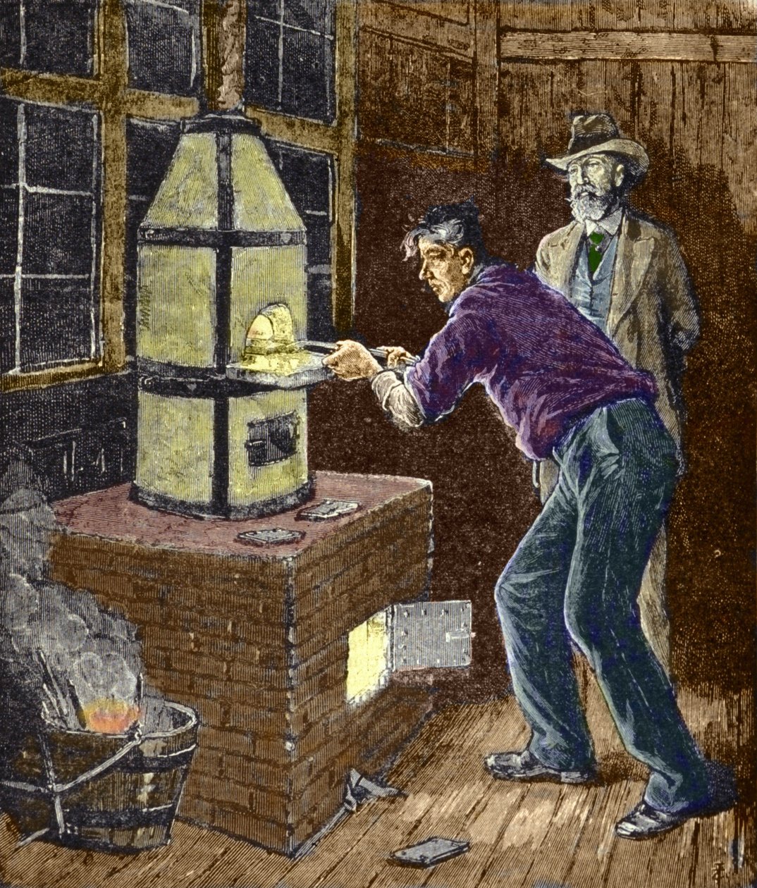 Thomas Edison experimentuje kolem roku 1879 s uhlíkovým papírem pro žárovku. od Unknown artist
