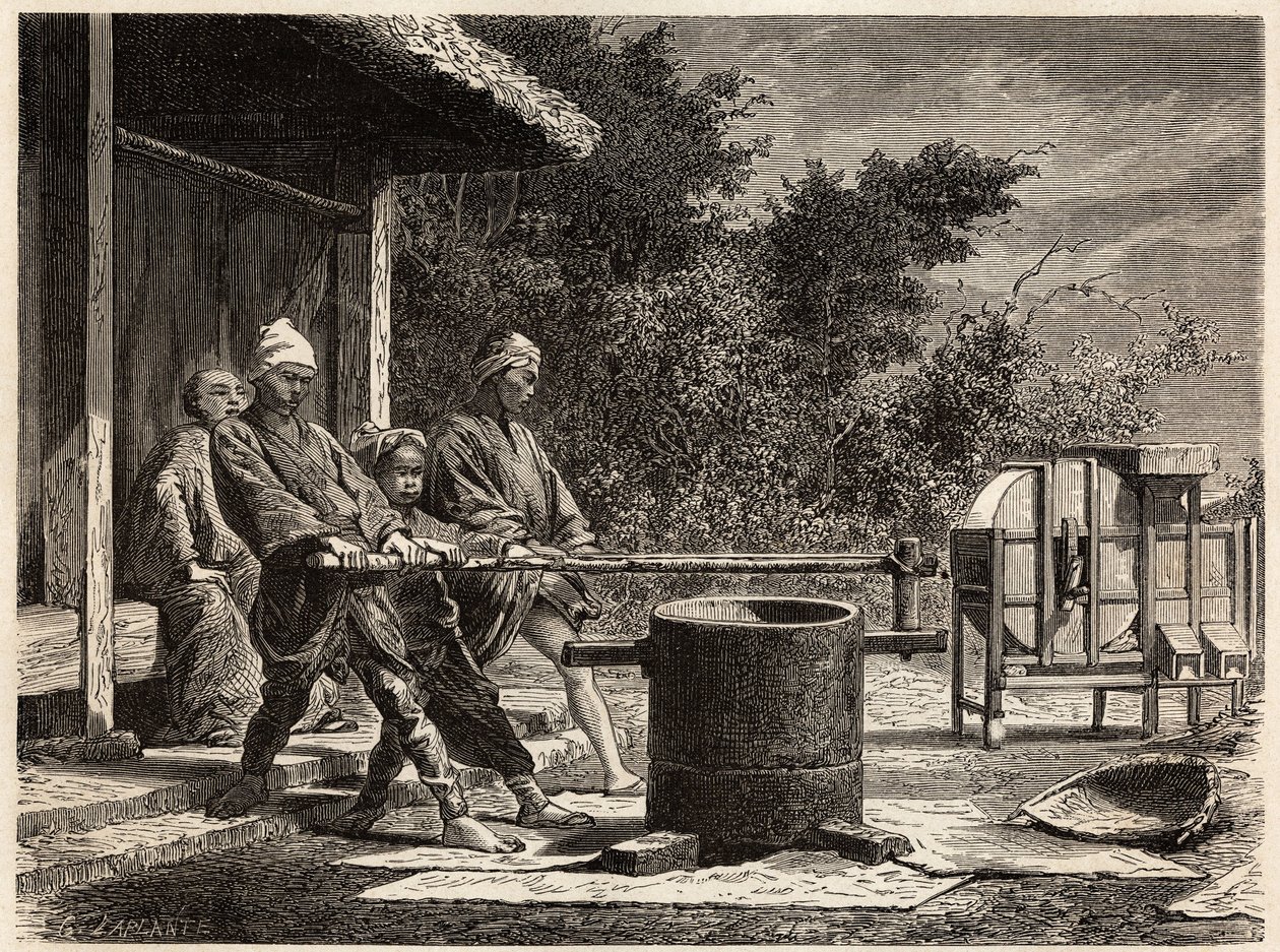 Tři rolníci obsluhující mlýn na rýži. Rytina k ilustraci plavby do Japonska v letech 1863-1864 od Aime Humberta, ministra Švýcarské konfederace, v „Le tour du monde, nouveau journal des voyages“, vydaném pod vedením Edouarda Chartona od Unknown artist