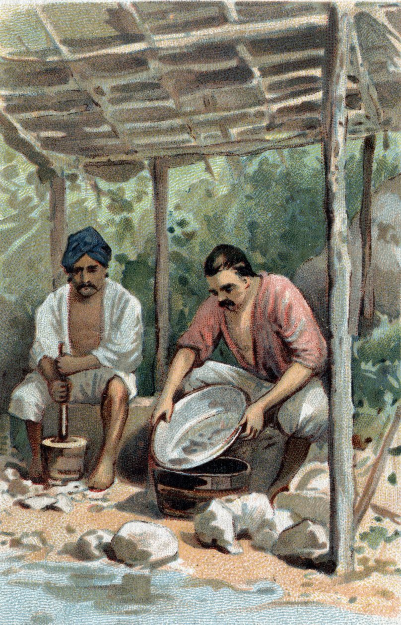 Pračky cínu v Malacca (Malacca), Malajsie. Chromolitografie konce 19. století. od Unknown artist