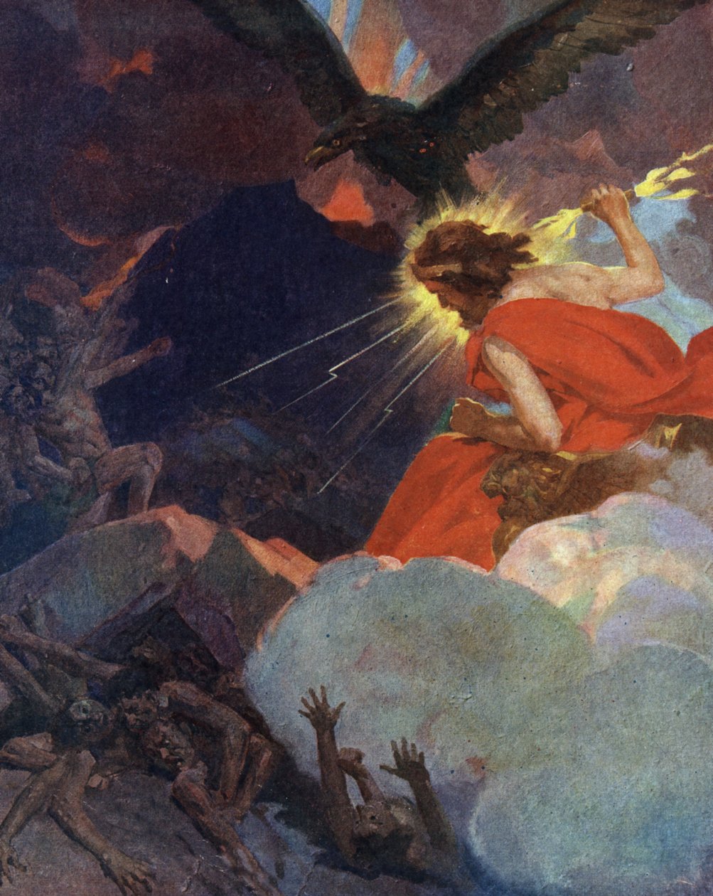 Titanomachia: zobrazení Dia triumfujícího nad titány (Titanomachia nebo Titanomachy: Rytina z knihy "Mé krásné mytologické příběhy" od HS Bres, počátek 20. století, soukromá sbírka od Unknown Artist