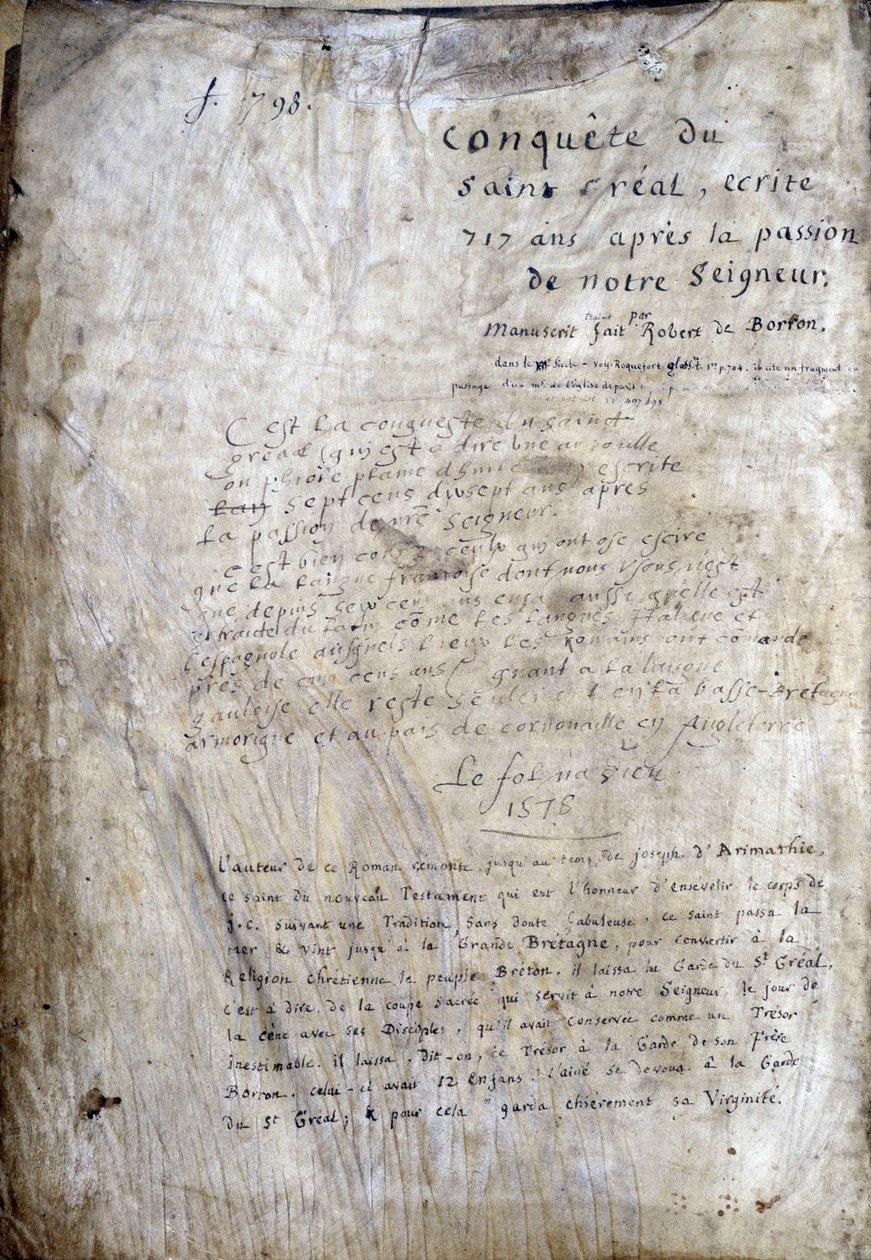 Titulní strana rukopisu: Dobytí Saint Gréal, napsaného 717 let po utrpení našeho pána. Bibliotheque Municipale de Rennes, ms. 255 (Sbírka románů Kulatého stolu); Paříž od Unknown artist