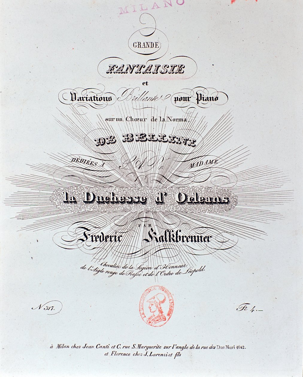Titulní strana partitury Grande Fantaisie od F Kalkbrennera od Unknown artist