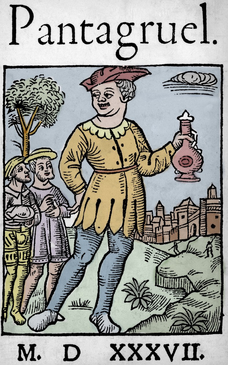 Titulní strana vydání Pantagruel z roku 1537, od Francoise Rabelaise – Obr Pantagruel a dva jeho apoštolové, z ‚Učedníka de Pantagruel‘ od Unknown artist