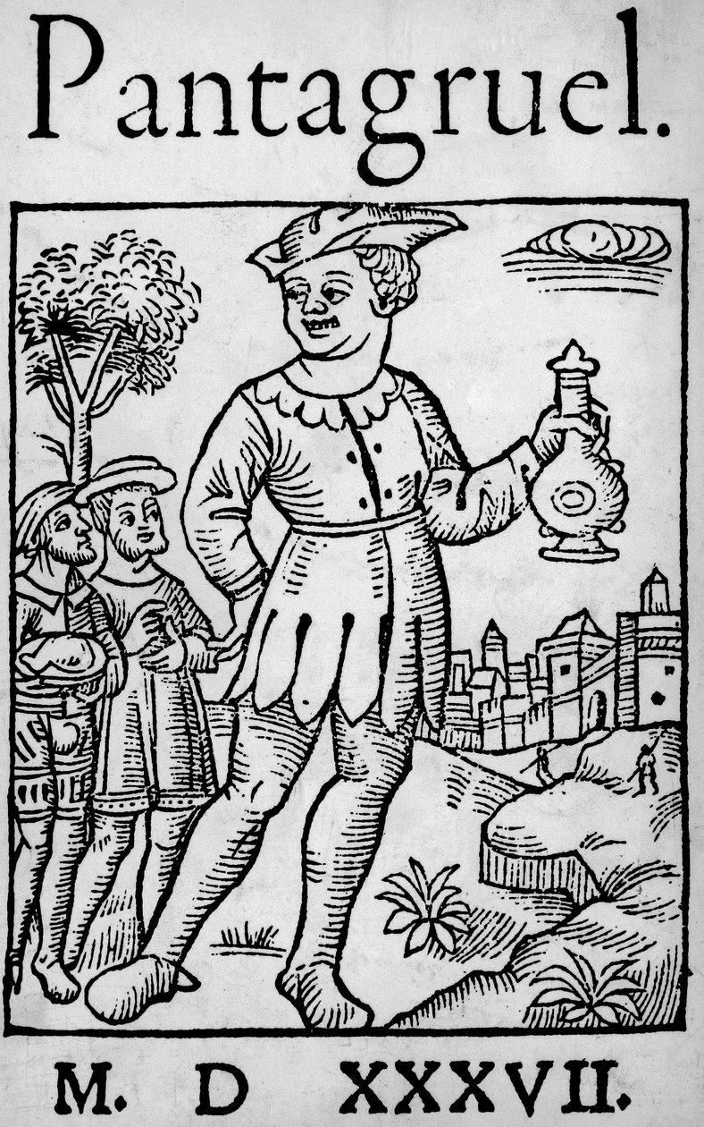 Titulní strana vydání Pantagruel z roku 1537, od Francoise Rabelaise – Obr Pantagruel a dva jeho apoštolové, z ‚Učedníka de Pantagruel‘ od Unknown artist