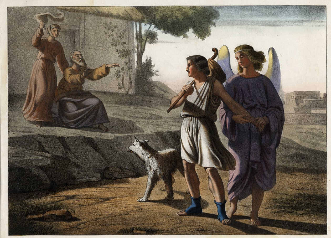 Tobieho odchod v doprovodu anděla (zdraví ho rodiče, včetně Tobita, jeho otce). Anonymní rytina z poloviny 19. století. od Unknown artist