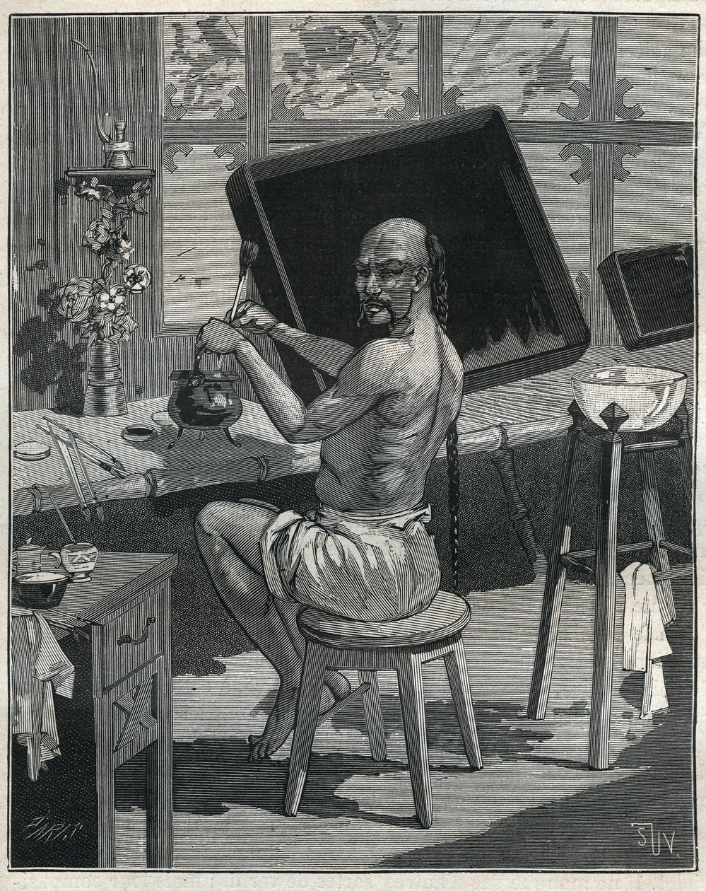Nedostatek ropy Tong v Číně. Rytina z roku 1885 v „“Les arts et metiers illustres““ od Adolphe BITARDA. od Unknown artist