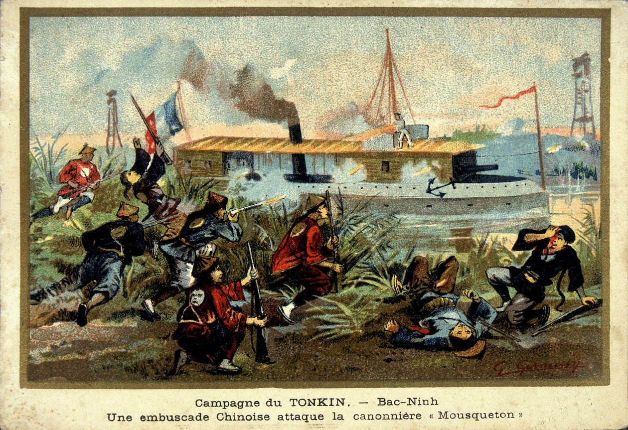 Tonkinská kampaň: v Bac-Ninh útočí čínská záloha na dělový člun „“Carabina““ – chromo., konec 19. století od Unknown artist
