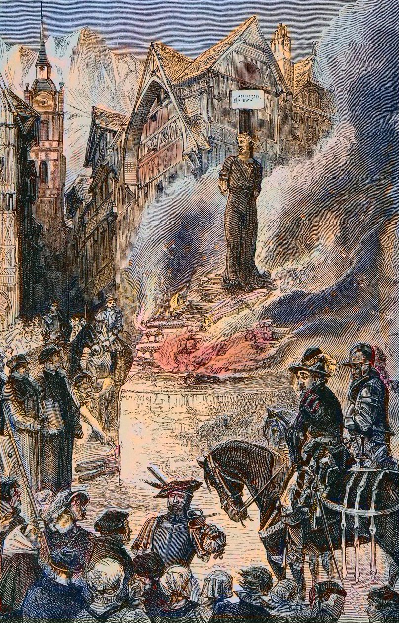 Mučení Michela Serveta v Ženevě (Michael Servetus) (Michel de Villeneuve) Španělský lékař a teolog (1511-1553) - Le torice de Michel Servet (Miguel Serveto) (1511-1553) Ženeva, španělský lékař a teolog Engraving od Unknown artist