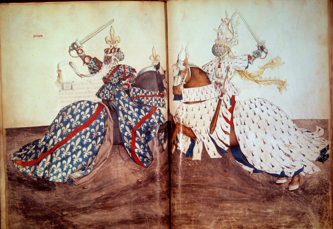 Turnaj: Hra volajícího a obžalovaného pána (tvář vévody z Bretaně a vévody z Bourbonu). Rukopis “”Kniha turnajů”” (Folio 32v - folio33) od Rene d