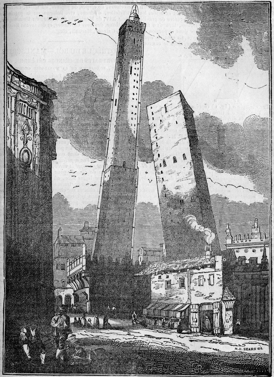 Boloňské věže - věž Asinelli a menší věž Garisenda - rytina 19. stol. od Unknown artist