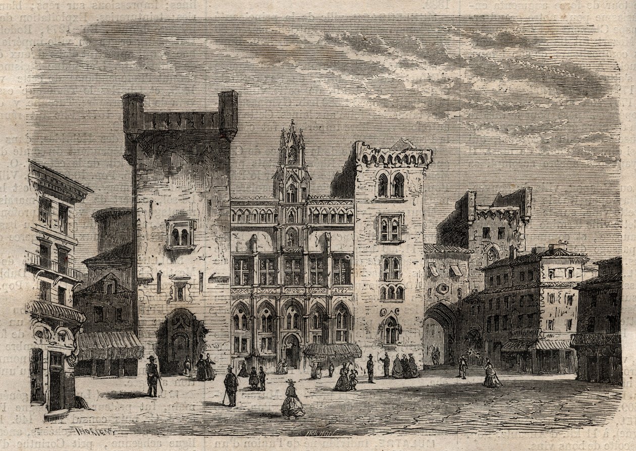Radnice Narbonne - Languedoc-Roussillon-Midi-Pyrenees - Francie - rytina v „Dictionnaire populaire llustrious“ - 1864 - od Josepha Decembra a Edmonda Alloniera - od Unknown artist