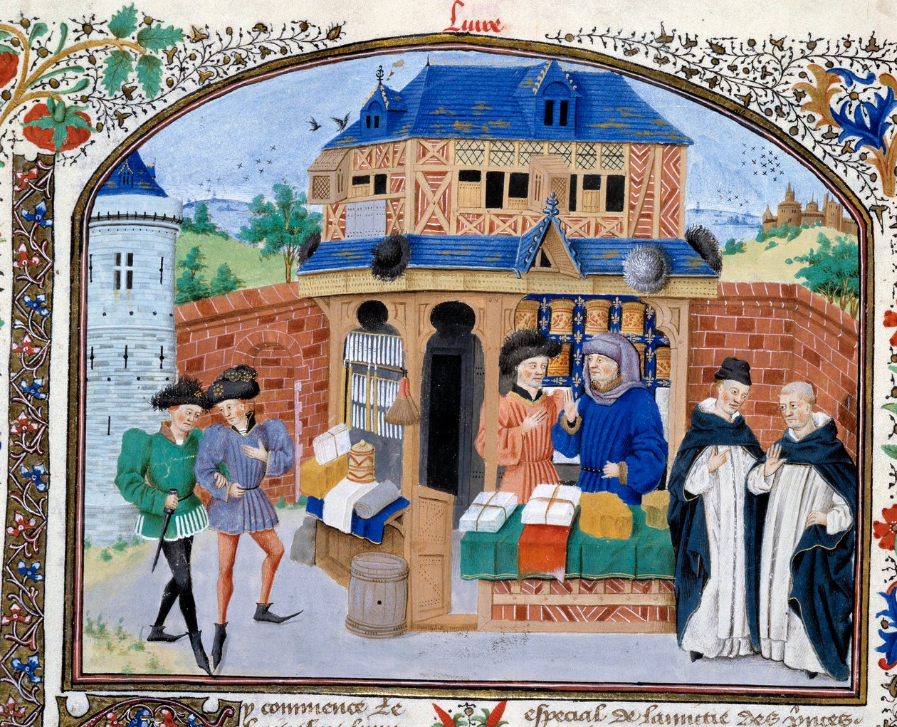 Obchod: obchodník. Miniatura z rukopisu „“Komentář k etice““ řeckého filozofa Aristotela (383–322 př. n. l.) v překladu Nicolase Oresma (1325–1382) od Unknown artist